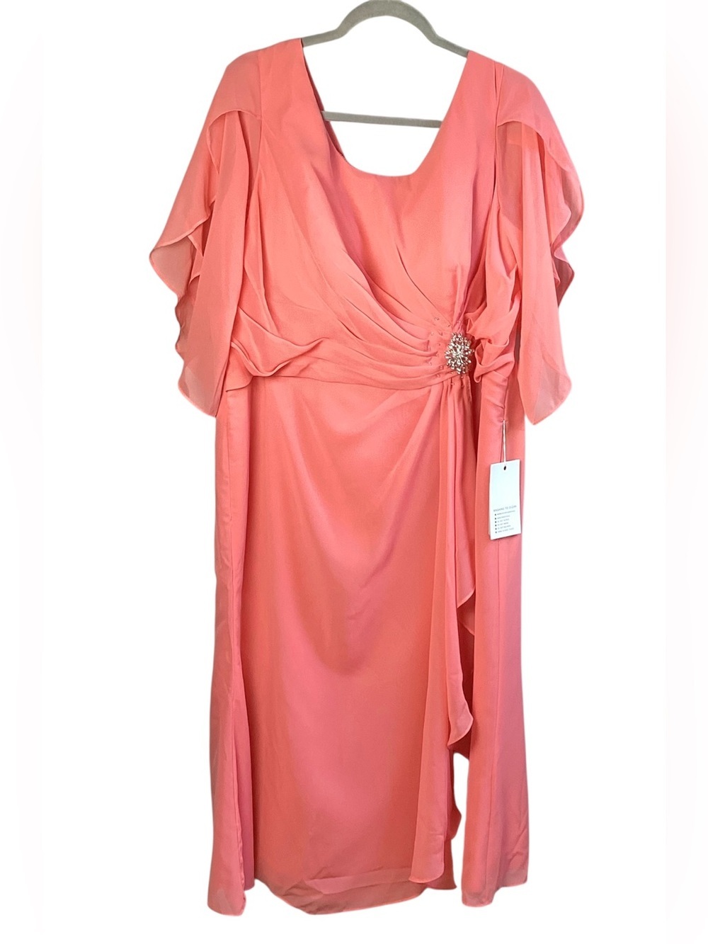 Coral Draped Midi Dress with Side Embellishment